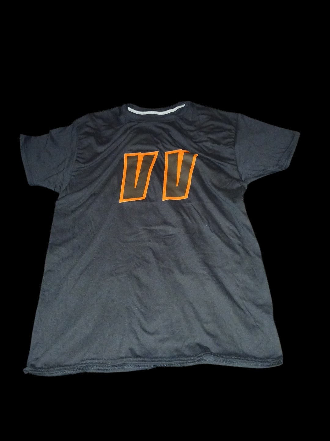 Venomous Volare black short sleeve crewneck t-shirt featuring a minimalist orange logo on the front chest
