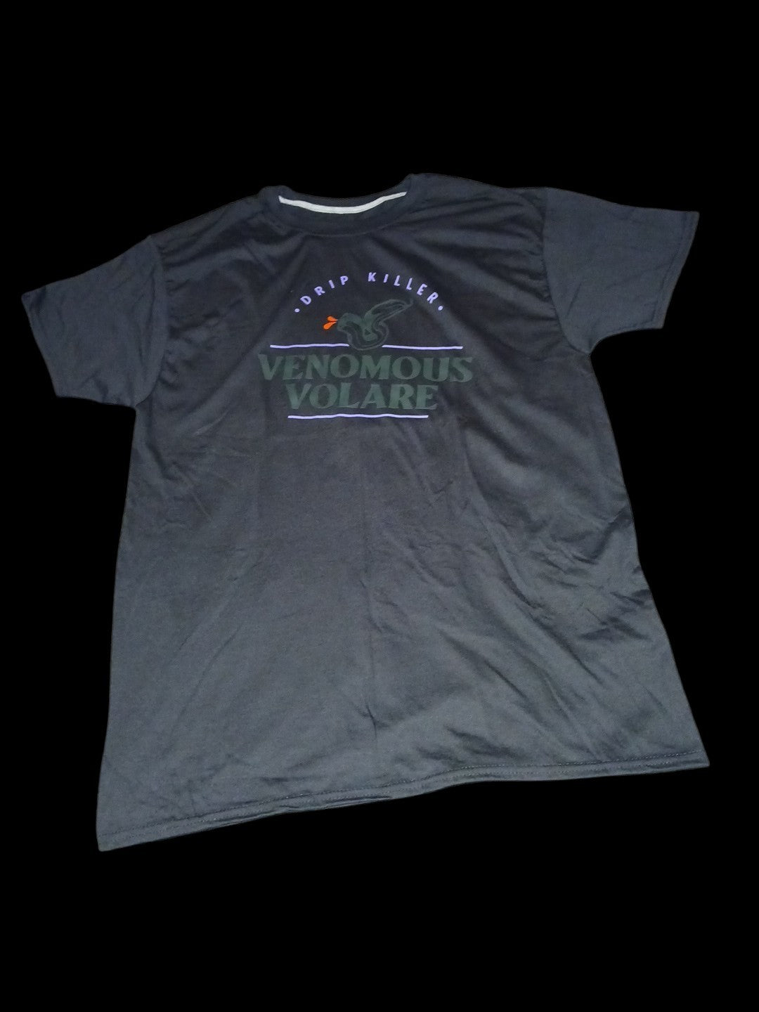 Venomous Volare black crewneck t-shirt featuring a minimalist front logo with a small snake graphic