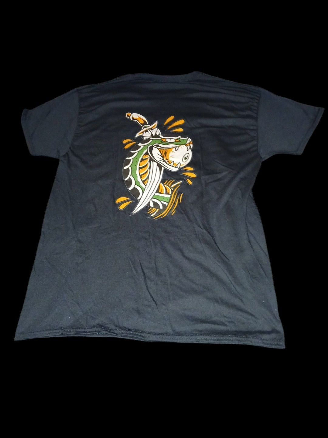 Venomous Volare black crewneck t-shirt featuring a detailed back graphic of a serpent and blade in orange and green.