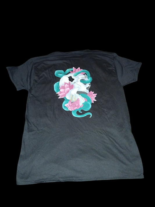 Venomous Volare black t-shirt featuring a back graphic of a skull, teal serpent, and pink lotus flowers.