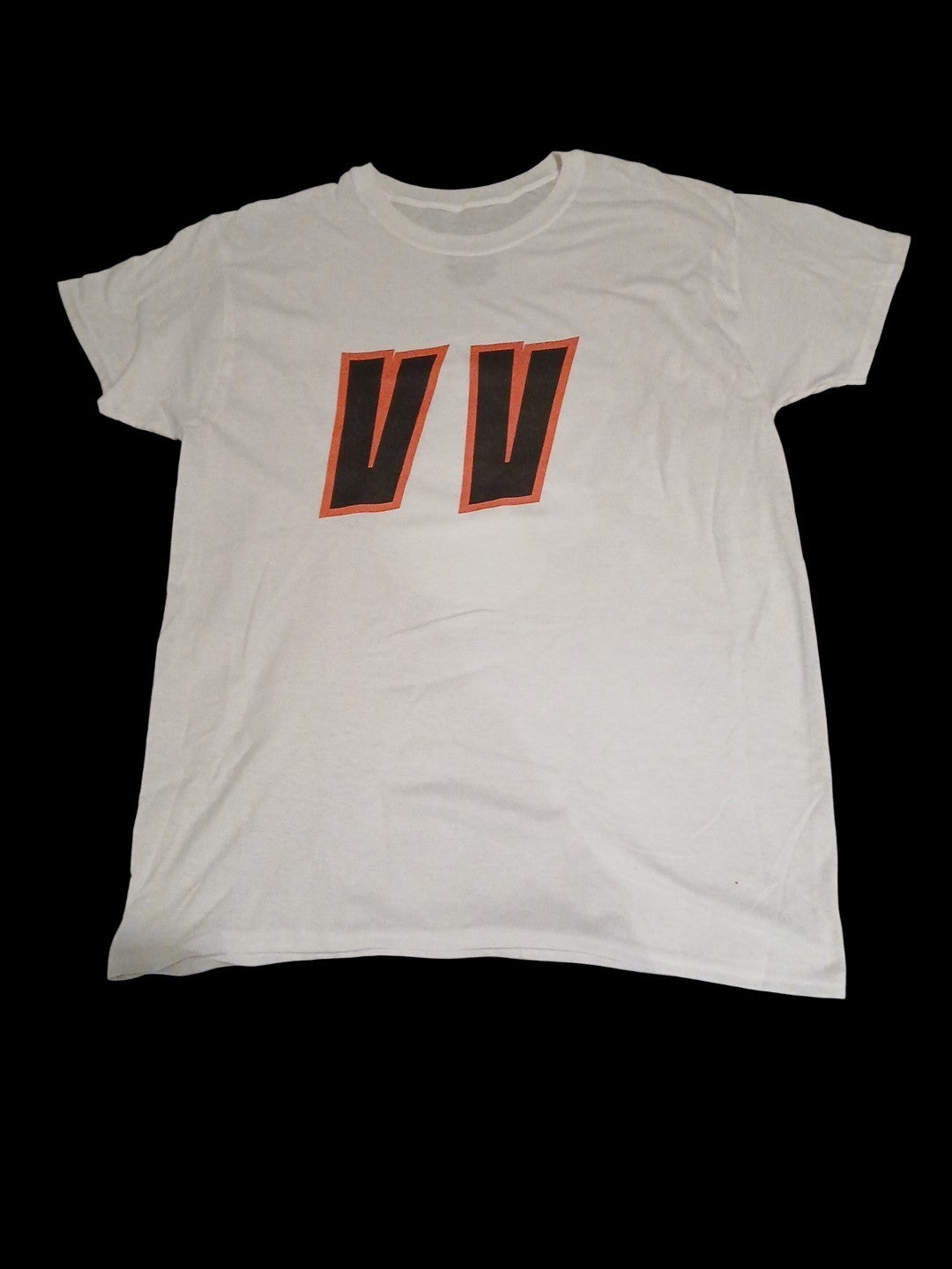 Venomous Volare white short sleeve crewneck t-shirt with a bold black and orange VV graphic on the front
